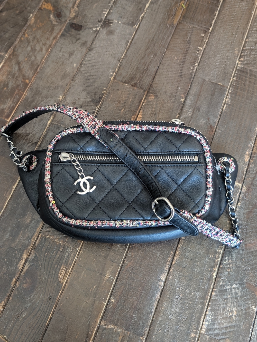 Chanel Black Tweed Quilted Elegant Trim Lambskin Belt Bag